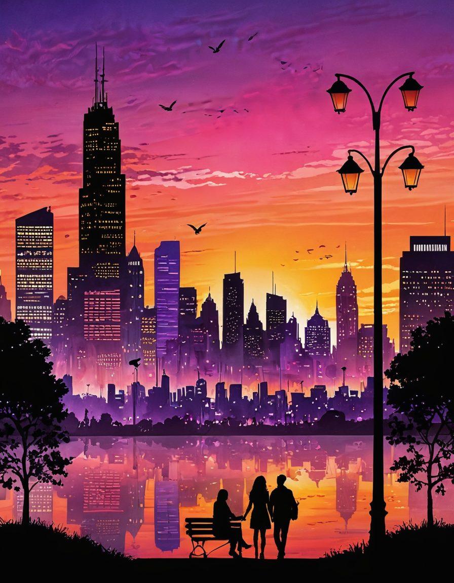 A bustling city skyline during sunset, with silhouette figures dating in public spaces like parks and cafes, hearts floating around, symbolizing love connections. Incorporate elements of street art that represent vibrant energy and transformation. Make sure to show diverse couples exchanging smiles and laughter. Captivating and romantic atmosphere. super-realistic. vibrant colors. sunset background.