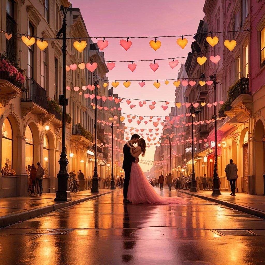 A warm, bustling city street scene at sunset, showcasing diverse couples joyfully connecting with each other, surrounded by heart-shaped decorations and streetlights glowing softly. In the background, silhouettes of iconic city landmarks create a romantic atmosphere, emphasizing the theme of love and connection. The scene should have a light, inviting color palette with soft pinks and warm yellows. super-realistic. vibrant colors. cityscape.