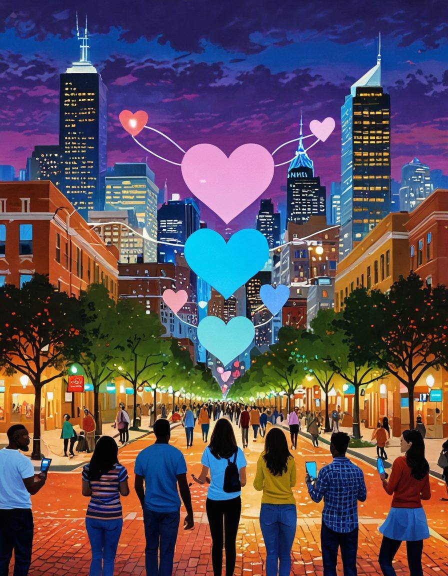 A bustling cityscape filled with diverse individuals joyfully interacting, showcasing digital devices in hand as symbols of connection. Illustrate interconnected heart symbols floating above their heads, representing love and support. Create an inviting, warm atmosphere with soft glowing lights reflecting the warmth of relationships. Incorporate landmarks that represent affection and community, such as parks or cafes. vibrant colors. super-realistic. warm lighting.